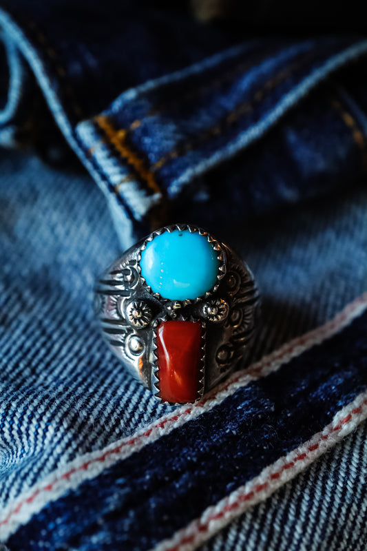 Vintage Turquoise and Red Coral Ring